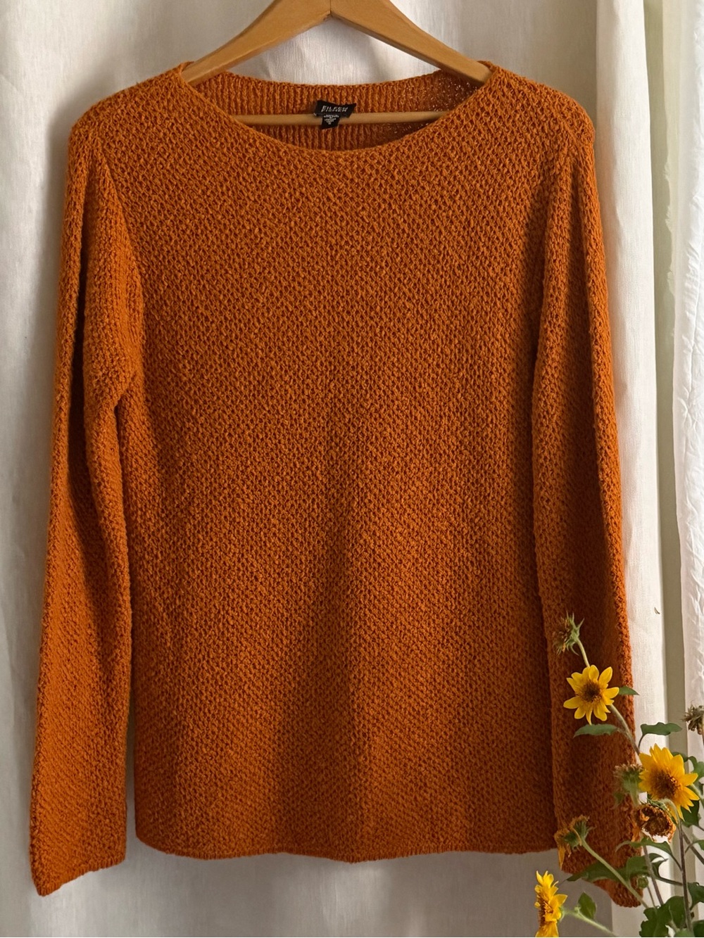Eileen Fisher Sweater Small Pumpkin Orange Textured Cotton Italian Yarn Knit EUC
